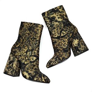 ASH Flora Embossed Velvet Animal Print Black Gold Mid Heeled Boots 7